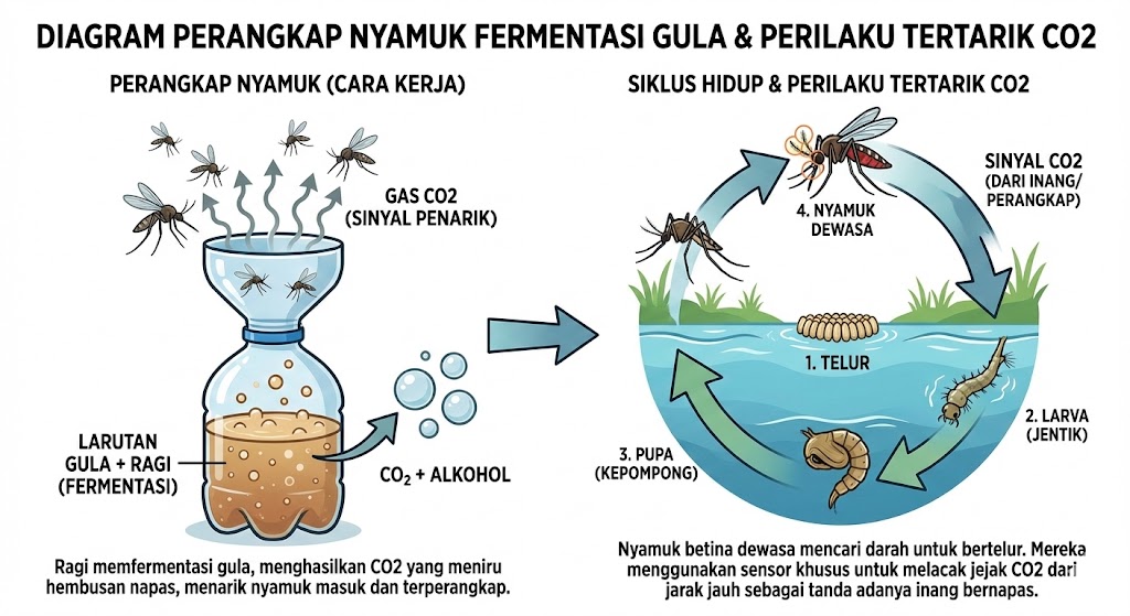 Diagram Perangkap Nyamuk Fermentasi Gula dan Perilaku Tertarik CO2